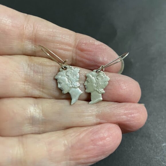 Vintage Mercury Dime Cut-out Lady Liberty Dangle Earrings .900 Silver (1916-1945 - Picture 10 of 10